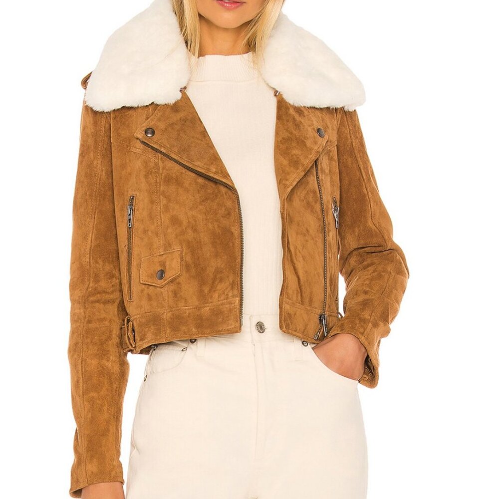 Blank NYC Tan Suede Moto Jacket with White Faux Fur Collar